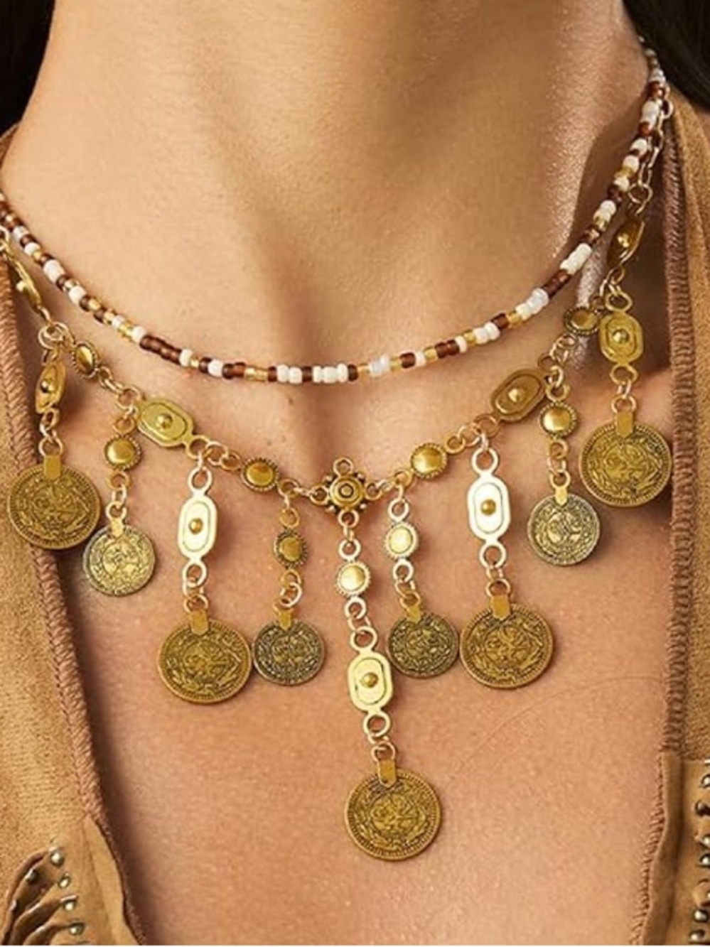 2016 boho necklace. Gold Coin Fringe Statement Necklace - Women Jewelry - Picture 3 of 3